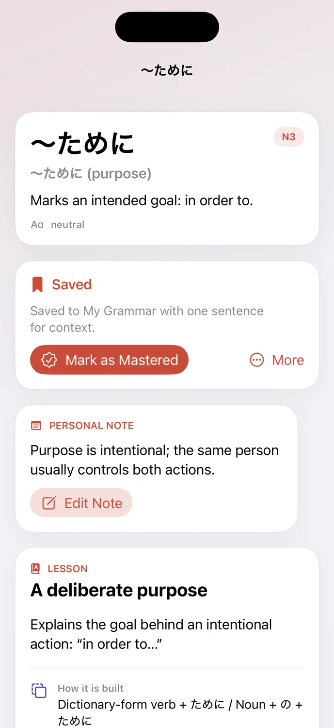 A saved grammar detail with progress controls, a personal note, and its lesson.