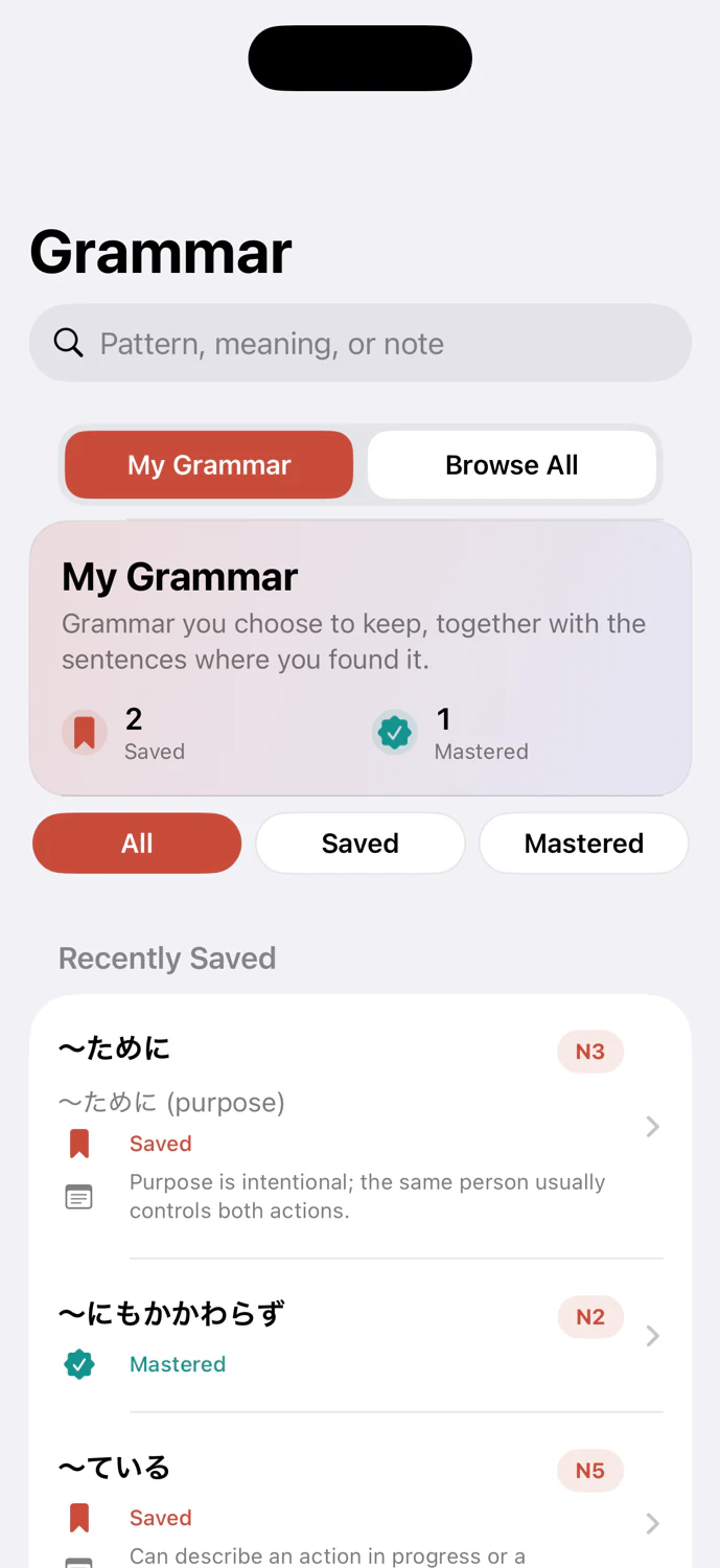 My Grammar showing saved and mastered grammar points with personal note previews.